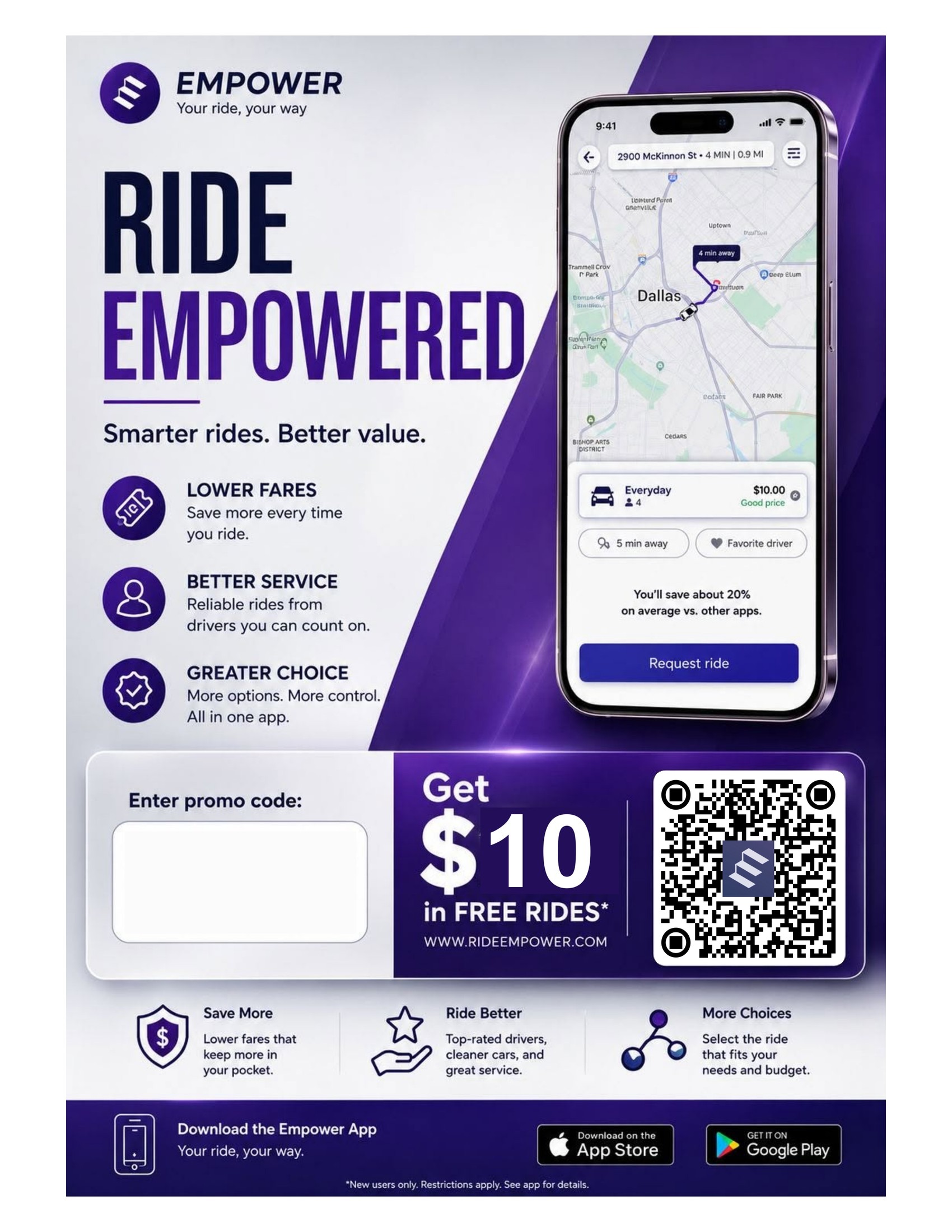 Ride Empowered flyer — $10 in free rides promo